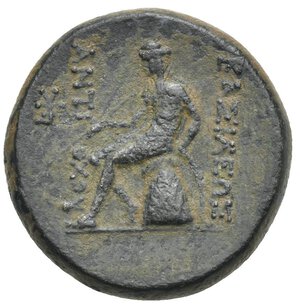 reverse: SELEUKID KINGS OF SYRIA. Antiochos III  the Great , 223-187 BC. Bronze (Bronze, 24.88 mm, 13.15 g), Antioch on the Orontes, circa 204-197 BC. Laureate head of Antiochos III to right. Rev. ΒΑΣΙΛΕΩΣ - ΑΝΤΙΟΧΟΥ Apollo seated left on omphalos, holding arrow in right hand and bow in left; to outer left, monogram. Seleucid Coins I, 400, 1048.1a. HGC 9, 466. Green patina with earthen deposits. Small nick on obverse. Very fine. Rare.
From a European collection formed prior to 2005.