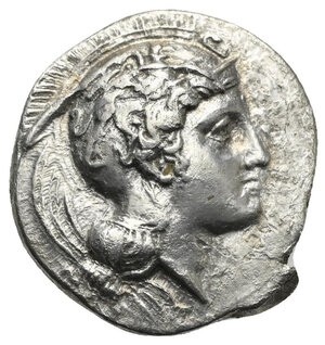 obverse: LUCANIA. Velia. Circa 340-334 BC. Didrachm or nomos (Silver, 22.00 mm, 7.53 g). Head of Athena to right, wearing crested Attic helmet decorated with griffin. Rev. Lion walking to right; above, Φ; in exergue, YEΛHTΩN. Williams Period V, Theta group, 296 (same dies). SNG Ashmolean 1228–1229 (same dies). SNG ANS 1307. BMC Italy, 310, 59 (same dies). HN Italy 1287. HGC 1, 1310. Area of weak strike with die break on obverse the evolution of which appears on Williams 296. Toned. Good Very Fine. 



