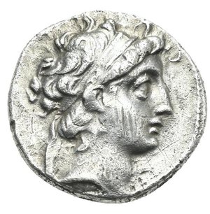 obverse: SELEUKID KINGS OF SYRIA. Demetrios II Nikator, first reign, circa 146-138 BC. Drachm (Silver, 17.50 mm, 4.05 g) Dated SE 168 (= 145/4 BC) Antiochia on the Orontes. Diademed head of Demetrios right. Rev. ΒΑΣΙΛΕΩΣ ΔΗΜΗΤΡΙΟΥ vertical to right in two lines, [Θ]ΕΟΥ [ΦΙΛΑ]ΔΕΛΦ[ΟΥ] [ΝΙΚΑΤΟΡΟΣ] to left in three lines. Apollo seated left on omphalos, holding arrow (not visible) in the extended right hand and resting the left hand on bow set vertical to right. Monogram to inner left and between Apollo’s feet, ΗΞΡ (date) in exergue. SC 1908.3; HGC 9, 976d. Scratches on Demetrio’s cheek and on reverse, otherwise, Nearly Very Fine.

