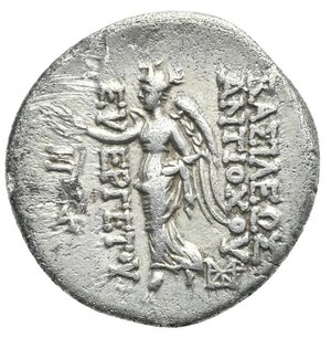 reverse: SELEUKID KINGS OF SYRIA. Antiochos VII Euergetes (Sidetes), 138-129 BC. Drachm (Silver, 18.90 mm, 4.03 g). Seleukeia on the Tigris, circa 130-129 BC. Diademed head of Antiochos VII to right. Rev. ΒΑΣΙΛΕΩΣ  ΑΝΤΙΟΧΟY - EYEPΓETOY Nike advancing left, holding wreath in her right hand; in outer left field, two monograms; inner right, beneath wings, monogram. Seleucid Coins II, 394, 2128. HGC 9, 1080 m. Some scratches on reverse, otherwise, Very Fine.
From a European collection formed prior to 2005.