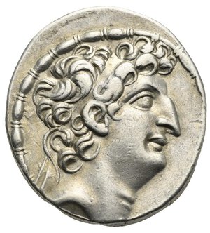 obverse: SELEUKID KINGS OF SYRIA. Antiochos VIII Epiphanes (Grypos), 121/0-97/6 BC. Tetradrachm (Silver, 28.34 mm, 16.09 g). Antioch on the Orontes, circa 109-96 BC. Diademed head of Antiochos VIII to right; around, fillet border. Rev. ΒAΣΙΛEΩΣ ΑNTIOXOY EΠIΦANOYΣ Zeus seated left on throne, holding Nike in his right hand and scepter in his left; to left, monogram of PE above A; below throne, monogram A; above, thunderbolt; all within laurel wreath. Seleucid Coins II, 504-505, 2309.2i. HGC 9, 1200. SNG Israel I, Coll. Spaer, 2557. E.T. Newell, SMA 406. Lightly toned, well struck and with a very attractive portrait. Extremely Fine. Particularly scarce control mark.