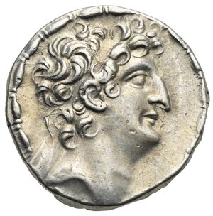obverse: SELEUKID KINGS OF SYRIA. Antiochos VIII Epiphanes (Grypos), 121/0-97/6 BC. Tetradrachm (Silver, 27.40 mm, 16.26 g). Antioch on the Orontes, circa 109-96 BC. Diademed head of Antiochos VIII to right; around, fillet border. Rev. [Β]AΣΙΛE[ΩΣ] ΑNTIOXOY EΠIΦANOYΣ Zeus seated left on throne, holding Nike in his right hand and scepter in his left; to left, monogram of PE above A; below throne, monogram Γ; above, thunderbolt; all within laurel wreath. Seleucid Coins II, 504-505, 2309.2h. HGC 9, 1200. SNG Israel I, Coll. Spaer, 2554-2558 (var. monogram). SNG Cop. 395. Lightly toned, well struck and with a very attractive portrait. Extremely Fine. Particularly scarce control mark.