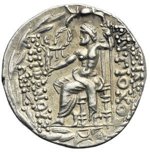 reverse: SELEUKID KINGS OF SYRIA. Antiochos VIII Epiphanes (Grypos), 121/0-97/6 BC. Tetradrachm (Silver, 27.40 mm, 16.26 g). Antioch on the Orontes, circa 109-96 BC. Diademed head of Antiochos VIII to right; around, fillet border. Rev. [Β]AΣΙΛE[ΩΣ] ΑNTIOXOY EΠIΦANOYΣ Zeus seated left on throne, holding Nike in his right hand and scepter in his left; to left, monogram of PE above A; below throne, monogram Γ; above, thunderbolt; all within laurel wreath. Seleucid Coins II, 504-505, 2309.2h. HGC 9, 1200. SNG Israel I, Coll. Spaer, 2554-2558 (var. monogram). SNG Cop. 395. Lightly toned, well struck and with a very attractive portrait. Extremely Fine. Particularly scarce control mark.
