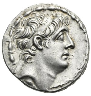 obverse: SELEUKID KINGS OF SYRIA. Antiochos IX Eusebes Philopator (Cyzicenus), 114/3-95 BC.  Tetradrachm (Silver, 29.20 mm, 16.17 g). Antioch on the Orontes, circa 96-95 BC.  Diademed head of Antiochos IX to right; around, fillet border. Rev. BAΣIΛEΩΣ ANTIOXOV ΦIΛOΠATOPOΣ Zeus seated left on throne, holding Nike in his right hand and scepter in his left; to left, monogram of EΛ above A; below throne, monogram ΠP; above, thunderbolt; all within laurel wreath. Seleucid Coins II, 536-537, 2369.2. HGC 9, 1232. SNG Israel I, Coll. Spaer, 2709-2710 (var. monogram). Lightly toned, well struck and with a very attractive portrait. Extremely Fine. Particularly scarce control mark.

