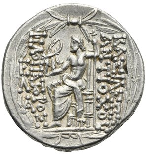 reverse: SELEUKID KINGS OF SYRIA. Antiochos IX Eusebes Philopator (Cyzicenus), 114/3-95 BC.  Tetradrachm (Silver, 29.20 mm, 16.17 g). Antioch on the Orontes, circa 96-95 BC.  Diademed head of Antiochos IX to right; around, fillet border. Rev. BAΣIΛEΩΣ ANTIOXOV ΦIΛOΠATOPOΣ Zeus seated left on throne, holding Nike in his right hand and scepter in his left; to left, monogram of EΛ above A; below throne, monogram ΠP; above, thunderbolt; all within laurel wreath. Seleucid Coins II, 536-537, 2369.2. HGC 9, 1232. SNG Israel I, Coll. Spaer, 2709-2710 (var. monogram). Lightly toned, well struck and with a very attractive portrait. Extremely Fine. Particularly scarce control mark.

