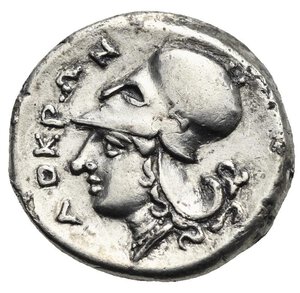 obverse: BRUTTIUM. Lokroi Epizephyrioi. Circa 350-274 BC. Stater (Silver, 22.0 mm, 8.60  g). ΛΟΚΡΩΝ Head of Athena to left, wearing Corinthian helmet and pearl necklace. Rev. Pegasus with bridles flying to left; below, thunderbolt.  Calciati, Pegasi II, 577, 13. HN Italy 2342. HGC 1, 1574. SNG München 1488. SNG Ashmolean Museum 1549-1551. Light encrustation and deposits, otherwise, nearly Extremely Fine. 