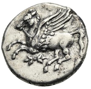 reverse: BRUTTIUM. Lokroi Epizephyrioi. Circa 350-274 BC. Stater (Silver, 22.0 mm, 8.60  g). ΛΟΚΡΩΝ Head of Athena to left, wearing Corinthian helmet and pearl necklace. Rev. Pegasus with bridles flying to left; below, thunderbolt.  Calciati, Pegasi II, 577, 13. HN Italy 2342. HGC 1, 1574. SNG München 1488. SNG Ashmolean Museum 1549-1551. Light encrustation and deposits, otherwise, nearly Extremely Fine. 