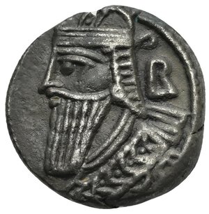 obverse: KINGS OF PARTHIA. Vologases IV, 147-191. Tetradrachm (Billon, 24.70 mm, 11.14 g) Seleukia on the Tigris, Dios SE 484 = October 172. Diademed and draped bust of Vologases left, wearing long beard, earring  and tiara, B behind the head. Rev. [BAΣΙΛΕΩΣ] ΒΑΣΙΛΕ[ΩΝ ΑΡΣΑΚΟΥ] ΟΛΟΓΑ[ΣΟΥ ΔΙΚΑΙΟΥ] ΕΠΙΦΑΝ[ΟΥΣ ΦΙΛΕΛΛΗΝΟΣ]. Vologases seated left on throne, wearing long beard and tiara, Tyche draped standing right in front of him, presenting him a wreath, above ΔΠΥ (date), below ΔΙΟΥ (month). Sellwood 84.46; Shore 429; Sunrise - ; Toned, Extremely Fine.
From a European collection formed prior to 2005.

