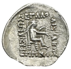 reverse: KINGS OF PARTHIA. Mithradates II, 121-91 BC. Drachm (Silver, 23.00 mm, 3.91 g), Ekbatana mint. Circa 119-109 BC. Diademed and draped bust of  Mithradates II to left, with long beard. Rev. Archer (Arsakes I) seated right on throne, holding bow and arrow in one hand. Sellwood 26.1. Shore 77. Sunrise 290. SNG Cop. 33. Slighly porosity. Very Fine.  