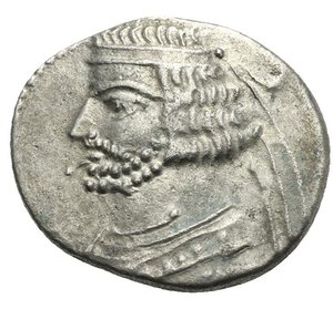 obverse: KINGS OF PARTHIA. Orodes II. Circa 57-38 BC. Drachm (Silver, 20.10 mm, 3.52 g), Rhagai mint. Diademed and draped bust of Orodes II to left, with medium beard. Rev. Archer (Arsakes I) seated right on throne, holding a bow; below, monogram. Sellwood 45.12.  BMC Parthia, 75, 53 (Orodes I). Toned. Very Fine.