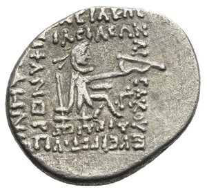 reverse: KINGS OF PARTHIA. Orodes II. Circa 57-38 BC. Drachm (Silver, 20.10 mm, 3.52 g), Rhagai mint. Diademed and draped bust of Orodes II to left, with medium beard. Rev. Archer (Arsakes I) seated right on throne, holding a bow; below, monogram. Sellwood 45.12.  BMC Parthia, 75, 53 (Orodes I). Toned. Very Fine.