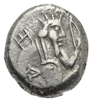 obverse: ACHEMENID EMPIRE. Time of Darios II or Artaxerxes III. Siglos (Silver, 15.67 mm, 5.33 g) Sardes, circa 420-350 BC. The Great King running to right, wearing crown, long beard and kidaris, holding bow in the left hand and dagger in the right hand, quiver behind the right shoulder. Rev. Incuse irregular punch. Carradice Type IV, Group C, pl. 15, 49; BMC 176. Nearly Very Fine.
From a European collection formed prior to 2005.

