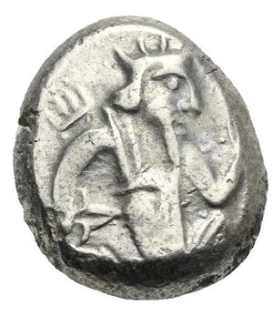 obverse: ACHEMENID EMPIRE. Time of Darios II or Artaxerxes III. Siglos (Silver, 15.57 mm, 5.44 g) Sardes, circa 420-350 BC. The Great King running to right, wearing crown, long beard and kidaris, holding bow in the left hand and dagger in the right hand, quiver behind the right shoulder. Rev. Incuse irregular punch. Carradice Type IV, Group C, pl. 15, 49; BMC 176. Nearly Very Fine.
From a European collection formed prior to 2005.

