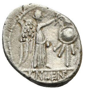 reverse: Cnaeus Cornelius Lentulus Clodianus, 88 BC. Quinarius (Silver, 14.17 mm, 1.77 g) Rome. Laureate head of Jupiter right with beard and long hair. Rev. CN. LENT (NT linked) in exergue. Victory standing to right crowning trophy in front of her, dot between them. Crawford 345/2; Sydenham 703; Babelon (Cornelia) 51; BMC 2444; RBW 1313. Very Fine. 

