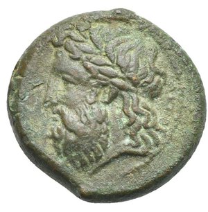 obverse: SICILY. Akragas. Circa  338-287 BC. (Bronze, 19.70 mm, 6.74 g). Laureate, bearded head of Zeus to left, AKPAΓA. Rev. Eagle standing left on hare. Calciati, CNS II, 206, 116. SNG ANS 1116. Green patina. Very Fine.
From a Swiss collection, formed before 2005.