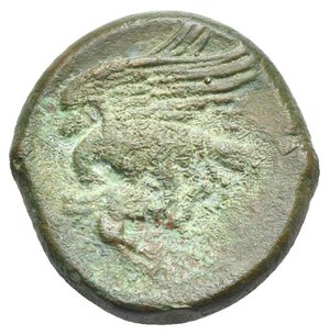 reverse: SICILY. Akragas. Circa  338-287 BC. (Bronze, 19.70 mm, 6.74 g). Laureate, bearded head of Zeus to left, AKPAΓA. Rev. Eagle standing left on hare. Calciati, CNS II, 206, 116. SNG ANS 1116. Green patina. Very Fine.
From a Swiss collection, formed before 2005.