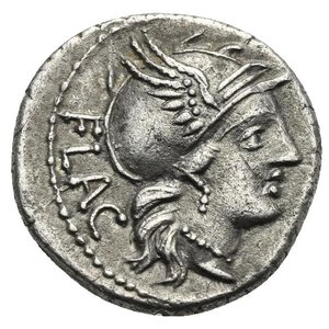 obverse: L. Rutilius Flaccus, 77 BC. Denarius (Silver, 18.13 mm, 3.73 g), Rome. Helmeted head of Roma to right; behind, FLAC. Rev. Victory driving biga to right, holding wreath in her right hand and reins in left; in exergue, L · RVTILI. Crawford 387/1. Sydenham 780. Babelon (Rutilia), 413, 1. BMCRR I, 395, 3244. RBW 1420. Toned. Thin scratch on the face on obverse, otherwise, Near Extremely Fine.


