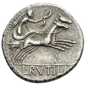 reverse: L. Rutilius Flaccus, 77 BC. Denarius (Silver, 18.13 mm, 3.73 g), Rome. Helmeted head of Roma to right; behind, FLAC. Rev. Victory driving biga to right, holding wreath in her right hand and reins in left; in exergue, L · RVTILI. Crawford 387/1. Sydenham 780. Babelon (Rutilia), 413, 1. BMCRR I, 395, 3244. RBW 1420. Toned. Thin scratch on the face on obverse, otherwise, Near Extremely Fine.


