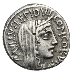 obverse: L. Aemilius Lepidus Paullus, 62 BC. Denarius (Silver, 17,00 mm, 3.96 g), Rome. PAVLLVS LEPIDVS CONCORDIA Diademed and veiled head of Concordia to right. Rev. Trophy; on left, three captives (King Perseus of Macedon and his sons); on right, togate figure standing left (L. Aemilius Paullus); above, TER; in exergue, PAVLLVS. Crawford 415/1. Sydenham 926.  Babelon (Aemilia) 122, 10. BMCRR Rome I, 3373. RBW 1497. Very Fine. 
This coin commemorates the victories of the moneyer s reputed ancestor, L. Aemilius Paullus. The letters TER on the reverse refer to L. Aemilius Paullus  three triumphs: in Spain in 190 BC, Liguria in 181 BC and at the famous battle of Pydna in 168 BC, when the Romans extinguished the independent Macedonian kingdom



