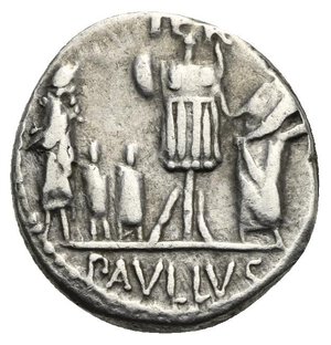 reverse: L. Aemilius Lepidus Paullus, 62 BC. Denarius (Silver, 17,00 mm, 3.96 g), Rome. PAVLLVS LEPIDVS CONCORDIA Diademed and veiled head of Concordia to right. Rev. Trophy; on left, three captives (King Perseus of Macedon and his sons); on right, togate figure standing left (L. Aemilius Paullus); above, TER; in exergue, PAVLLVS. Crawford 415/1. Sydenham 926.  Babelon (Aemilia) 122, 10. BMCRR Rome I, 3373. RBW 1497. Very Fine. 
This coin commemorates the victories of the moneyer s reputed ancestor, L. Aemilius Paullus. The letters TER on the reverse refer to L. Aemilius Paullus  three triumphs: in Spain in 190 BC, Liguria in 181 BC and at the famous battle of Pydna in 168 BC, when the Romans extinguished the independent Macedonian kingdom



