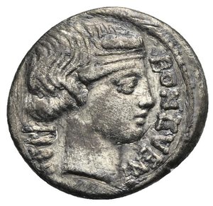 obverse: L. Scribonius Libo, 62 BC. Denarius (19.76 mm, 3.51 g), Rome. Diademed head of Bonus Eventus to right; behind, LIBO; before, BON EVENT. Rev. Puteal Scribonianum decorated with garland and two lyres; at base, hammer; above, PVTEAL; below,  [SC]RIBON. Crawford 416/1a. Sydenham 928. Babelon (Scribonia), 427, 8. BMCRR I, 419, 3377. RBW 1500. Some scratches with deposits, otherwise, Very Fine. 
The Puteal Scribonianum was located in the Forum Romanum in Ancient Rome. Puteals were round or square well-heads covering the opening of a well. The particular puteal represented on this coin was dedicated or renovated by a member of the Libo family.


