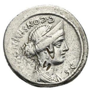 obverse: C. Considius Nonianus, 56 BC. Denarius (Silver, 19,81 mm, 3,35 g), Rome. CONSIDI NONIANI - S•C Laureate and draped bust of Venus Erycina to right, wearing stephane and pendant earring. Rev. The Temple of Venus Erycina on the summit of Mount Eryx: tetrastyle temple seen from front on rocky mountain surrounded by a wall with crenelated tower at each end and a gate in center; above gate, ERVC. Babelon (Considia) 1a. Crawford 424/1. RBW 1522. Sydenham 886. Banker’s mark. Very Fine.