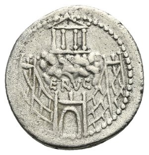 reverse: C. Considius Nonianus, 56 BC. Denarius (Silver, 19,81 mm, 3,35 g), Rome. CONSIDI NONIANI - S•C Laureate and draped bust of Venus Erycina to right, wearing stephane and pendant earring. Rev. The Temple of Venus Erycina on the summit of Mount Eryx: tetrastyle temple seen from front on rocky mountain surrounded by a wall with crenelated tower at each end and a gate in center; above gate, ERVC. Babelon (Considia) 1a. Crawford 424/1. RBW 1522. Sydenham 886. Banker’s mark. Very Fine.