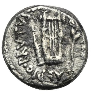 reverse: Q. Caepio Brutus, 43-42 BC. Denarius (Silver, 14.90 mm, 3.58 g). Military mint traveling with Brutus in Lycia. LEIBERTAS Head of Libertas to right, wearing hair rolled back and collected into a knot behind. Rev. CAEPIO BRVTVS [PRO COS] Lyre between quiver to left and laurel branch tied with fillet to right. Crawford 501/1. Sydenham 1287. Babelon (Junia), 115, 34. RBW 1767. Scratches with deposits and corrosion, otherwise, Nearly Very Fine. Rare. 
