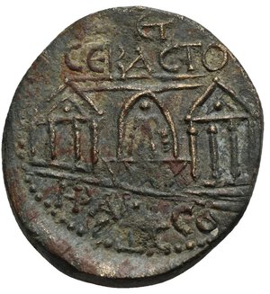 reverse: PONTUS. Heracleopolis (as Sebastopolis). Gallienus, 253-268. Tetrassarion (Bronze, 30.16 mm, 12.39 g) dated CY 266 (= 263/4). ΑΥΤ ΚΑΙ ΠΟ ΛΙΚ ΓΑΛΛΙΗΝΟC Laureate, draped and cuirassed bust of Gallienus right, seen from behind. Rev. CЄBACTO HPAKΛЄO Amphiprostyle temple with two opposite tetrastyle facades, decorated with pellet inside the tympanum, statue of Herakles standing facing, holding club in the right resting hand and lion skin in the left resting hand, within arcade or niche with balustrade between facades. ЄT to upper field, ςIC (date) in exergue. SNG von Aulock 136 var. (bust radiate); Amandry & Remy 66; Waddington, RG 22. Some corrosion and deposits, otherwise, Very Fine. Very rare.
From a European collection formed prior to 2005.

