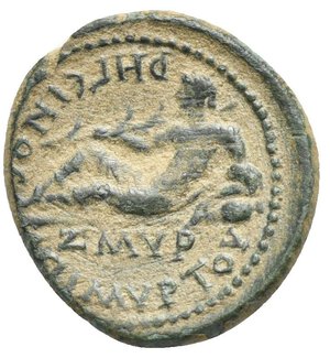reverse: IONIA. Smyrna. Pseudo-autonomous issue. Time of Domitian 81-96. Assarion (Bronze, 20.00 mm, 4.46 g), Sextus Julius Frontinus, Myrton and Reginus, magistrates. ΑΝΘΥ - ΦΡΟΝΤЄΙΝΩ Bearded head of Herakles to right. Rev. ЄΠΙ ΜΥΡΤΟΥ - ΡΗΓЄΙΝΟϹ River-god reclining left on urn, holding reed in his right hand; below, ΖΜΥΡ. RPC II, 1014. SNG von Aulock 2173. SNG Cop. 1248. BMC Ionia, 251, 135-137. Dark green patina overlaid by earthen deposits and some scratches. Very Fine.