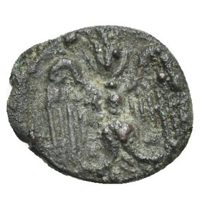 reverse: SICILY. Katane. Circa  405-402 BC. Onkia (Bronze, 10.40 mm, 0.74 g). AMENANOΣ Head of young river-god Amenanos left with bull’s horns and floating hair. Rev. Winged thunderbolt, wings open; letters K – A, one pellet (value mark). Calciati, CNS III, 92, 2. Brown patina. Very Fine.
From a Swiss collection, formed before 2005.
