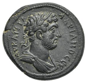 obverse: CARIA. Trapezopolis. Hadrian, 117-138. (Bronze, 24.38 mm, 8.03 g). Titus Flavius Maximus Lysias, magistrate. AV KAI TPA AΔPIANOC CЄ Laureate and cuirassed bust of Hadrian right, with paludamentum. Rev. ΔΙΑ Τ ΦΛΑ ΜΑΞ ΛΥϹΙΟΥ ΤΡΑΠƐΖΟΠΟΛΙΤΩΝ Apollo standing right, drawing arrow from quiver with his right hand; holding bow in left. RPC III Online 2262. Dark brown patina with deposits. Good Very Fine. Extremely rare, only two examples in RPC Online. 