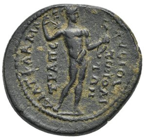 reverse: CARIA. Trapezopolis. Hadrian, 117-138. (Bronze, 24.38 mm, 8.03 g). Titus Flavius Maximus Lysias, magistrate. AV KAI TPA AΔPIANOC CЄ Laureate and cuirassed bust of Hadrian right, with paludamentum. Rev. ΔΙΑ Τ ΦΛΑ ΜΑΞ ΛΥϹΙΟΥ ΤΡΑΠƐΖΟΠΟΛΙΤΩΝ Apollo standing right, drawing arrow from quiver with his right hand; holding bow in left. RPC III Online 2262. Dark brown patina with deposits. Good Very Fine. Extremely rare, only two examples in RPC Online. 