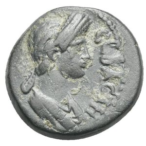 obverse: LYDIA. Gordus-Julia. Plotina Augusta (wife of Trajan) 105-123. Ae (17.00 mm, 3.59 g) struck under the magistrate Poplius. [ΠΛΩΤЄΙΝΑ] left, CЄBACTH right. Draped bust of Plotina right, wearing diadem. Rev. ЄΠΙ ΠΟΠΛΙΟΥ Γ[Ο]ΡΔΗ[Ν]ΩN Zeus seated bare-chested left on chair, holding patera in the right extended hand and long scepter with drapery in the left hand. SNG Munchen 189; BMC 18; RPC III, 2550; Kurth 38. Minor deposits. Nearly Very Fine. Rare. 

