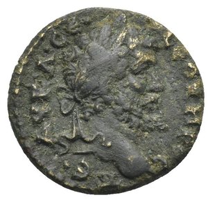 obverse: LYDIA. Saitta. Septimius Severus, 193-211. Hemiassarion (Bronze, 17.64 mm, 2.73 g) AYK.Λ.CЄ CЄOYЄPOC ΠЄ. Laureate head of Septimius Severus right. Rev. CAITT around to right, HNΩΝ around to left. The young Herakles beardless standing nude to right, head turned to left, wearing lion skin on the left arm and club set on ground in the right hand. SNG von Aulock 3097; SNG Leypold 1161; SNG Copenhagen 405. Very Fine. 
