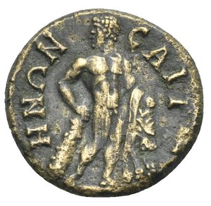 reverse: LYDIA. Saitta. Septimius Severus, 193-211. Hemiassarion (Bronze, 17.64 mm, 2.73 g) AYK.Λ.CЄ CЄOYЄPOC ΠЄ. Laureate head of Septimius Severus right. Rev. CAITT around to right, HNΩΝ around to left. The young Herakles beardless standing nude to right, head turned to left, wearing lion skin on the left arm and club set on ground in the right hand. SNG von Aulock 3097; SNG Leypold 1161; SNG Copenhagen 405. Very Fine. 
