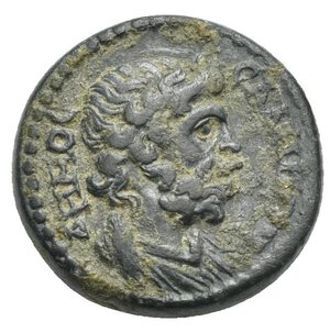 obverse: LYDIA. Sala. Pseudo-autonomous issue, time of Trajan, 98-117. Hemiassarion (Bronze, 17.65 mm, 4.03 g) struck under the priest Alexandros. ΔΗΜΟC CAΛΗΝΩΝ around. Laureate, draped and bearded bust of Demos of Sala to right. Rev. Є ΠΙ ΑΛЄΞΑΝΔΡΟΥ ΙЄΡЄ Hermes nude standing facing, head turned to left, holding drapery on the right arm bent and caduceus, purse in the left extended hand. BMC 13; RPC III, 2436; SNG Copenhagen 416; SNG von Aulock 3107. Fine portrait. Nearly Extremely Fine.

