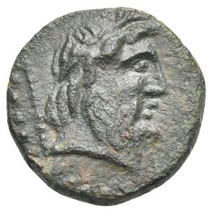 obverse: SICILY. Panormus. Uncertain date (Triumviral period ?), circa 60-33 BC. Bronze (Bronze, 20.5 mm, 5.52 g). Laureate head of Jupiter right; behind, sceptre. Rev. Tetrastyle temple; below, traces of C D; around, ΠANOPMITAN. Calciati CNS I, 357, 160. HGC 2, 1072. RPC I, 636. SNG ANS 570. McClean Coll. 2521. Weber Coll. 1498. Green patina. Good Very Fine.