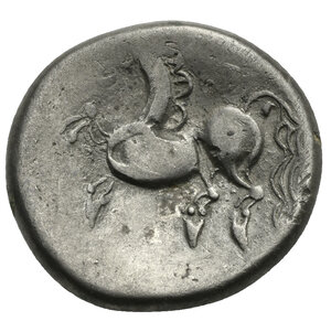 reverse: CENTRAL EUROPE. Noricum (East). Circa 2nd-1st centuries BC. Tetradrachm (Silver, 22.49 mm, 10.10 g).  Samobor A  type. Celticized head of Apollo to left, wearing three-strand pearl diadem. Rev. Celticized horse prancing left. Dembski 866. Göbl, Noricum, pl. 22, 6-12. Lanz 160. Flan crack and reverse struck slightly off center, otherwise, Extremely Fine.