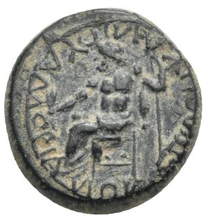 reverse: PHRYGIA. Amorium. Vespasian, 69-79. Assarion (Orichalcum, 12.12 mm, 4.38 g) struck under the magistrate L. Vipsanios Silvanos. ΟΥΕΣΠΑΣΙΑΝΟΣ ΚΑΙΣΑΡ Laureate head of Vespasian right. Rev. ΕΠΙ Λ [ΟΥΙΨ]ΑΝΙΟΥ ΑΜΟΡΙΑΝΩΝ (N retrograde) Zeus seated left, holding thunderbolt in the right hand and spear in the left hand, drapery on the left shoulder and arm. BMC 34; RPC II, 1421; SNG Copenhagen 124. Uncleaned with surface deposits, otherwise, Good Very Fine.
From a European collection formed prior to 2005.


