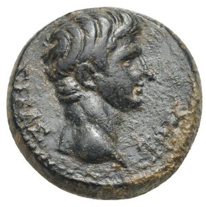 obverse: PHRYGIA. Laodicea ad Lycum. Tiberius, 14-37. Assarion (Bronze, 19.12 mm, 7.31 g) struck under the magistrate Dioskourides. ΣΕΒΑΣ [ΤΟΣ] bare head of Tiberius (or Augustus ?) right. Rev. ΔΙΟΣΚΟΥΡΙΔΗΣ vertical to inner right, ΛΑΟ ΔΙΚΕΩΝ vertical to inner left. Zeus Laodiceus standing facing, head turned to left, holding eagle on the right extended hand and long scepter set on ground in the left hand. Monogram KOP to outer right field. RPC I, 2906; SNG Copenhagen 547-8; BMC Phrygia 141-2. Very nice portrait. Good Very Fine.

