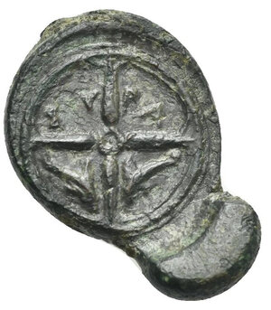 reverse: SICILY. Syracuse. Circa 415-405 BC. Hemilitron (Bronze, 23.00 mm, 4.61 g). Head of Arethusa left, hair bound in sphendone. Rev. Wheel of four spokes; in upper quarters, ΣYPA, in the lower quarters two dolphins heads downwards. Calciati, CNS II, 45, 19. SNG ANS 404. SNG Copenhagen 696. Glossy green patina. Very Fine.
