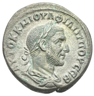 obverse: SYRIA, Seleucis and Pieria. Antioch. Philip I, 244-249. Tetradrachm (Billon, 26 mm, 9,81 g), 4th officina (Δ), 246. AVTOK K M IOVΛ ΦIΛIΠΠOY CEB Laureate, draped and cuirassed bust of Philip I to right. Rev. ΔHMAΡX EΞOYCIAC / S - C / MON VRB Eagle standing facing with wings spread, head left, holding wreath in beak; above eagle\ s left wing, Δ. McAlee 901d. Prieur 308. RPC VIII Online ID 29032. Near extremely fine/ Good very fine.
From a Swiss collection acquired before 2005.