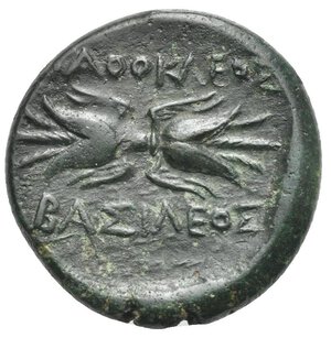 reverse: SICILY. Syracuse. Time of Agathokles, circa 317-310 BC. Bronze (Bronze, 22.10 mm, 8.52 g). ΣΩTEIPA Head of Artemis Soteira to right, holding quiver over the shoulder, wearing earrings and necklace, around border of dots. Rev. AΓAΘOKΛEOΣ BAΣIΛEΩΣ Winged thunderbolt. Calciati, CNS II, 277, 142. SNG Copenhagen 779. SNG ANS 708; HGC 2, 1537. Dark green patina. Extremely Fine.
From a Swiss collection, formed before 2005.

