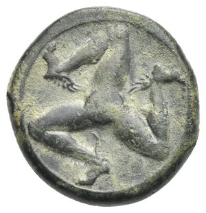 reverse: SICILY. Syracuse. Time of Agathokles, circa 317-310 BC. Bronze (Bronze, 19.60 mm, 6.48 g). Diademed head of Apollo left; Palladium behind. Rev. Triskeles with human legs and winged feet. Calciati, CNS II, 249,121 Ds i; SNG ANS 545; HGC 2, 1459. Brown patina with green deposits on reverse. In excellent condition for the type. About Extremely Fine. Rare.
From a Swiss collection, formed before 2005.
 
