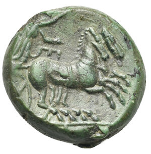 reverse: SICILY. Syracuse. Time of Hiketas II, circa 287-278 BC. Bronze (Bronze, 19.00 mm, 7.35 g). ΣΥΡΑΚΟΣΙΩΝ, Head of Kore to left, wreathed with corn. Rev. Charioteer driving fast biga to right ; A in exergue (not visible). Calciati, CNS II, 263, 125; HGC 2, 1446. Fine emerald green patina with some deposit. Extremely Fine.