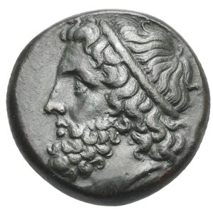 obverse: SICILY. Syracuse. Time of Hieron II, circa 275-216 BC. Bronze (Bronze, 22.00 mm, 8.98 g). Head of Poseidon to left, hair tied by a band. Rev. Ornamented trident between two dolphins; on the sides of the shank, IEPΩNOΣ. Calciati, CNS II, 369, 194; SNG ANS 965. Dark brown patina. About Extremely Fine.