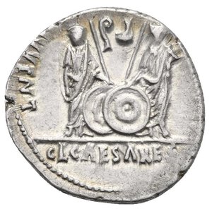 reverse: Augustus, 27 BC-14 AD. Denarius (Silver, 19.70 mm, 3.83 g). Lugdunum mint. 2 BC-4 AD. CAESAR [AVGVSTVS] DIVI F PATER PATRIAE laureate head to right. Rov. [AVGVSTI F COS DESIG PRINC] IVVENT Gaius and Lucius Caesars standing facing, two shields and two spears between them; lituus and simpulum above; CL CAESARE[S] in exergue. RIC I, 210. BMCRE 540. RSC 43c. Struck in high relief and beautifully toned, slightly off center on reverse, otherwise, Extremely Fine.