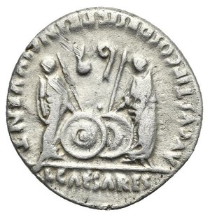 reverse: Augustus, 27 BC-14 AD. Denarius (Silver, 18.50 mm, 3.60 g), Lugdunum. Circa 2 BC-4 AD. [CA]ESAR AVGVSTVS DIVI F PATER PA[TRIAE] Laureate head of Augustus to right; below chin, countermark. Rev. AVGVSTI F COS DESIG PRINC IVVENT Gaius and Lucius Caesares standing facing with two round shields and two spears between them; above, simpulum and lituus; in exergue, CL CAESARES. RIC I (second edition) 207. Cohen I, 69, 42. BMCRE I, 89, 526. Very Fine.  