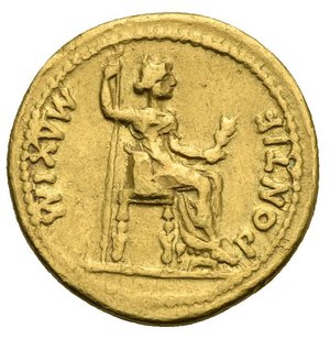 reverse: Tiberius, 14-37. Aureus (Gold, 19.51 mm, 7,64 g). Lugdunum, 14-37. TI CAESAR DIVI AVG F AVGVSTVS laureate head to right. Rev. PONTIF MAXIM Livia, as Pax, seated to right on throne with ornamented legs, holding sceptre and olive branch; single exergual line below. RIC I 29 corr. (ornamented legs). BMCRE 46-47. Lyon 147. Calicó 305c. A few nicks, otherwise, Very Fine.